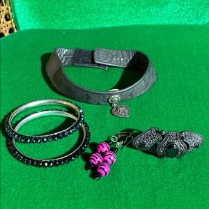 Gothic jewelry lot faux leather choker bangles earrings Gothic finger armor ring